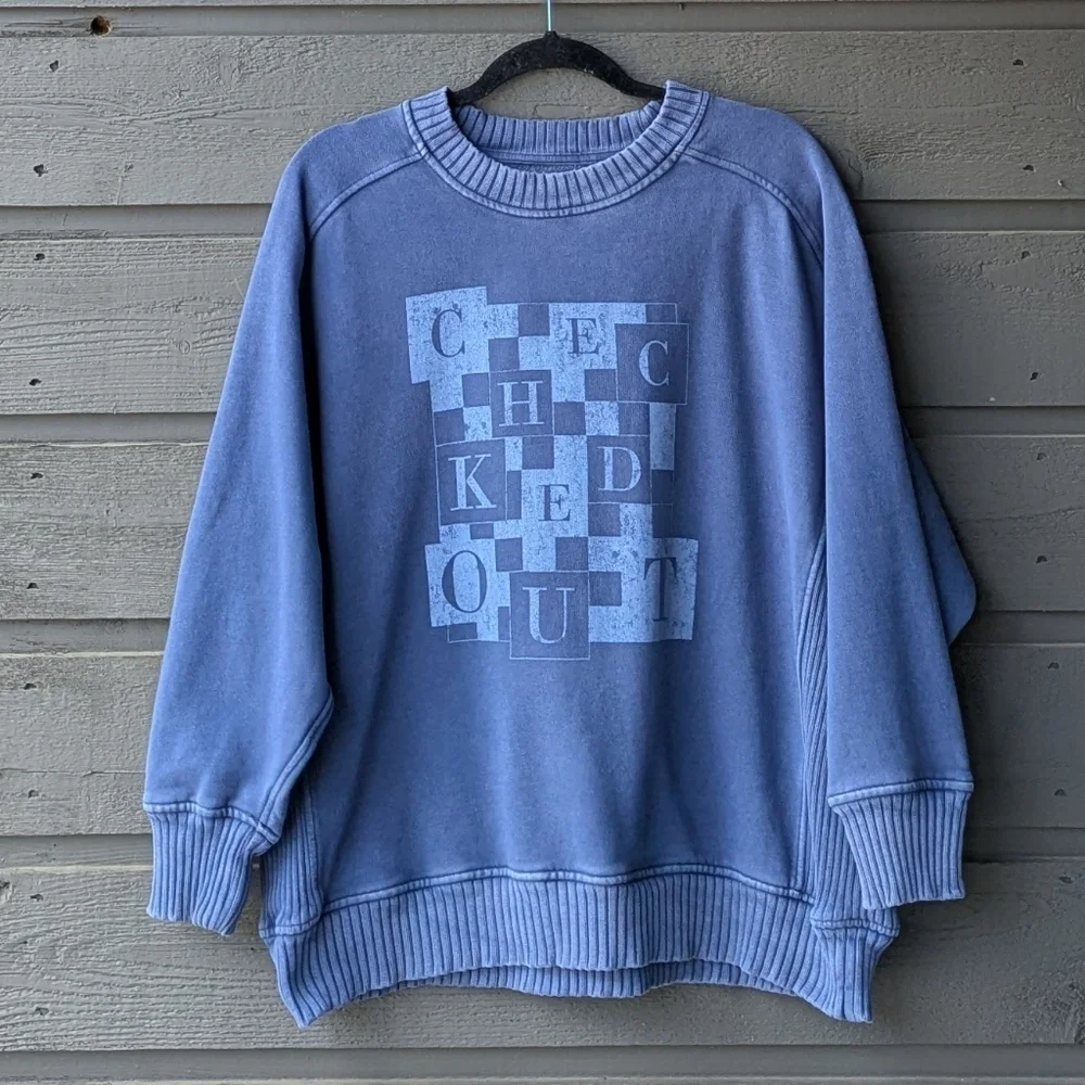 Aerie Checked Out Oversized Crew Neck Sweatshirt Ribbed Boxy Fit Medium Blue